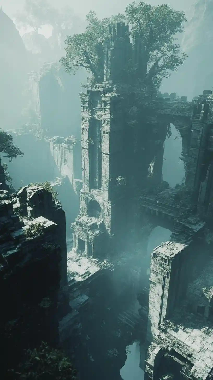 Epic anime ruins with dramatic volumetric light beams