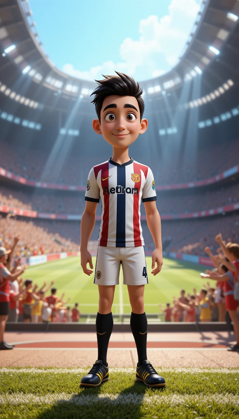3D soccer player at bright stadium entrance with fans