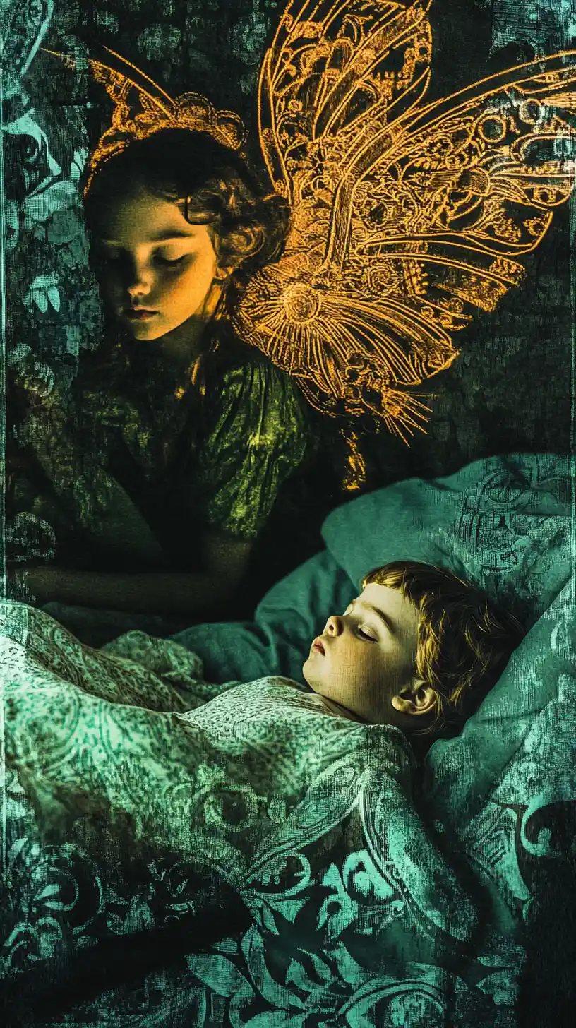 Guardian angel watching over a child in a glowing dreamscape