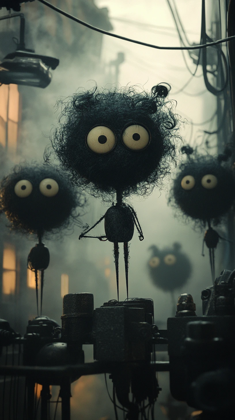 Floating soot spirits working in a foggy boiler room