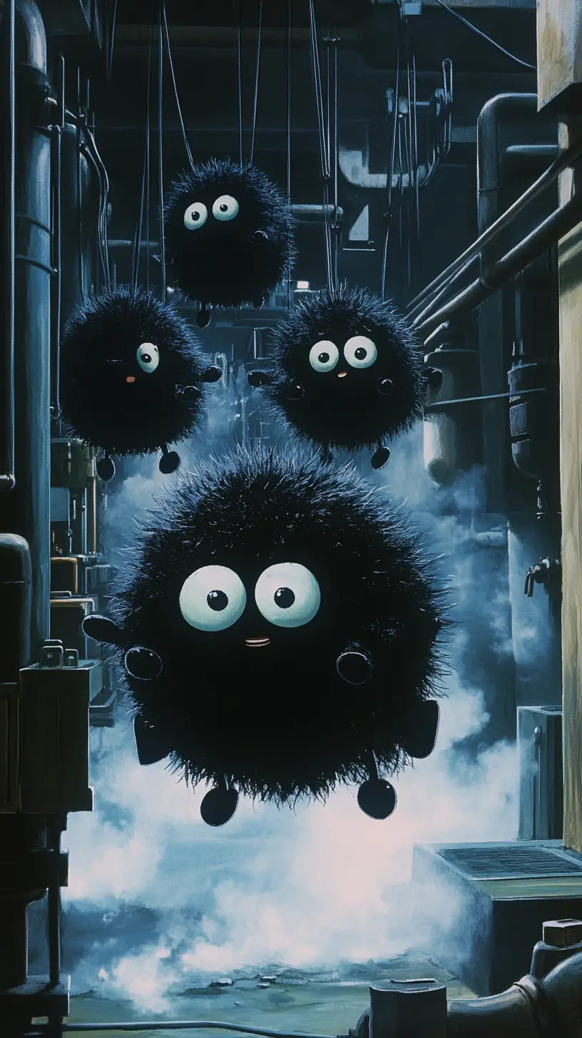 Small soot creatures working in a steaming boiler room
