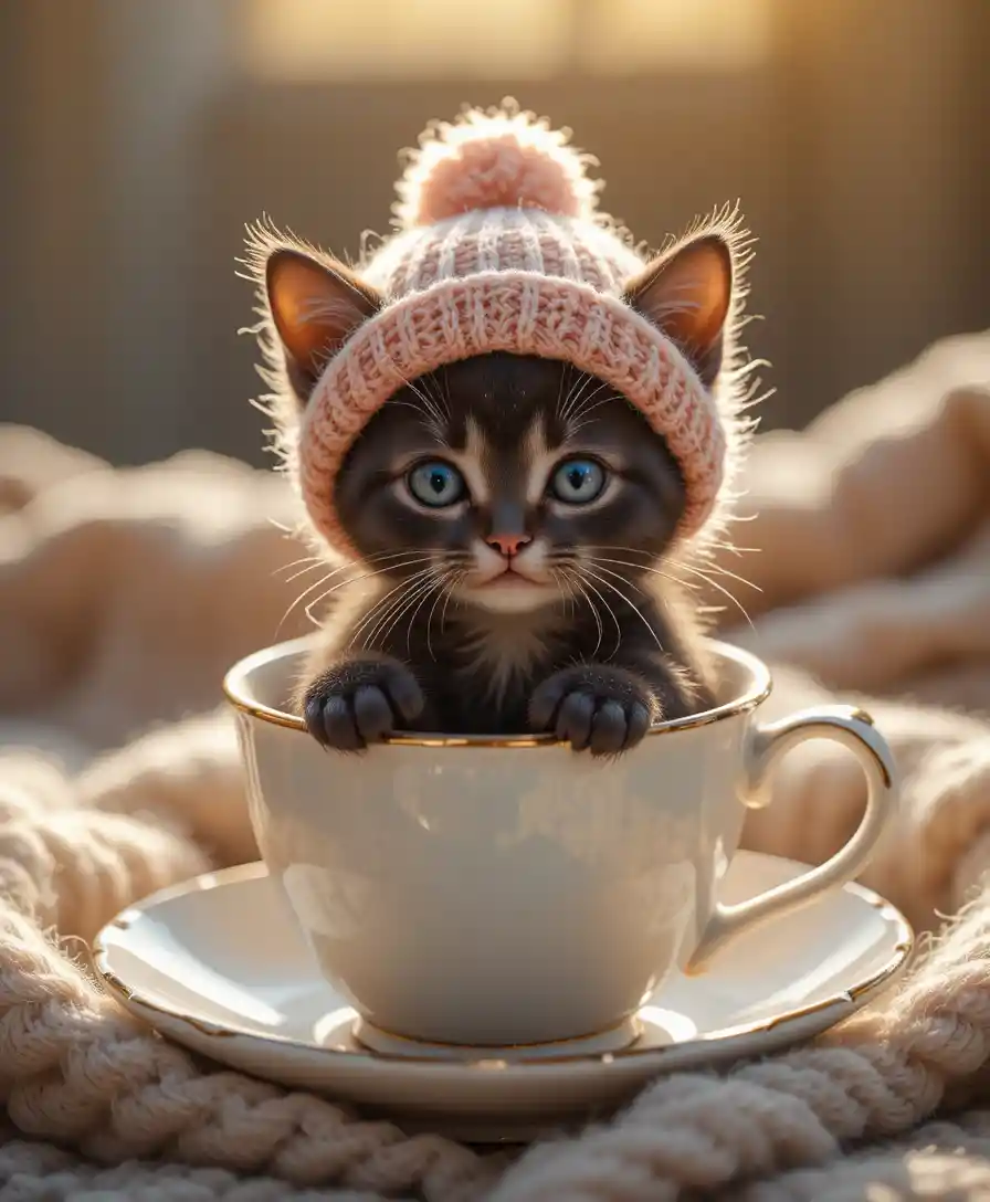 ニット帽をかぶったティーカップの小さな子猫