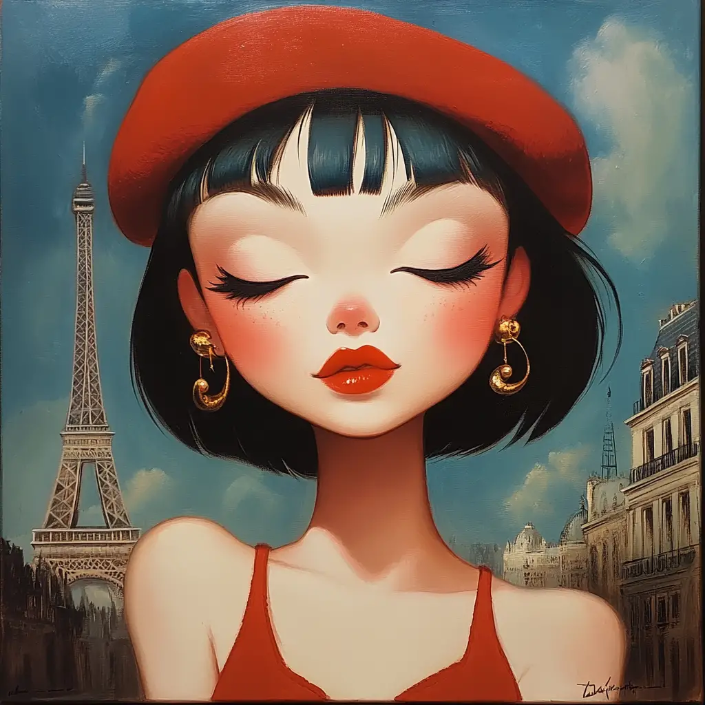 Ritratto onirico di una donna in rosso con lo skyline di Parigi