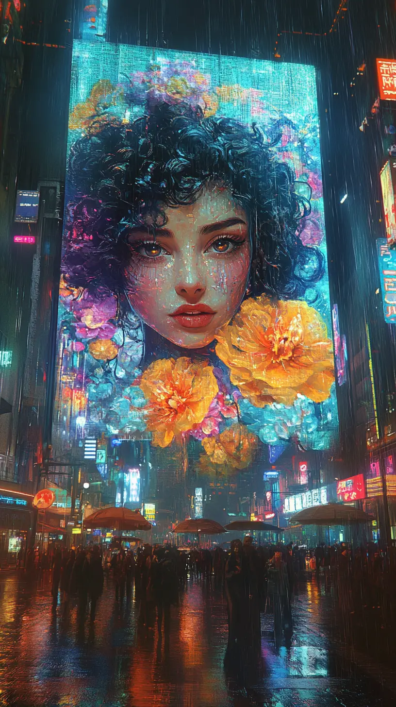 賽博龐克城市中霓虹看板上的神祕女子