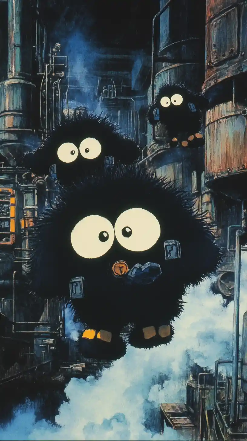 Small soot creatures working in a steaming boiler room
