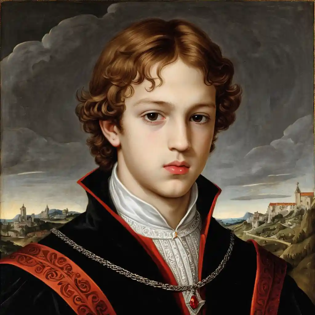Young Spanish king with piercing red eyes in renaissance style