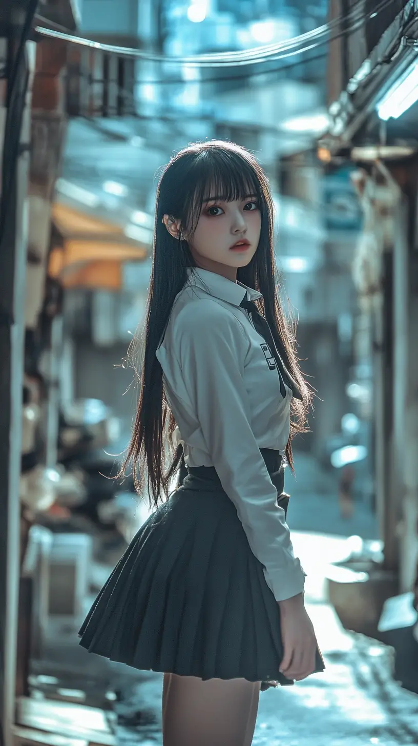 Garota de escola em anime com cabelos ao vento em um pátio silencioso