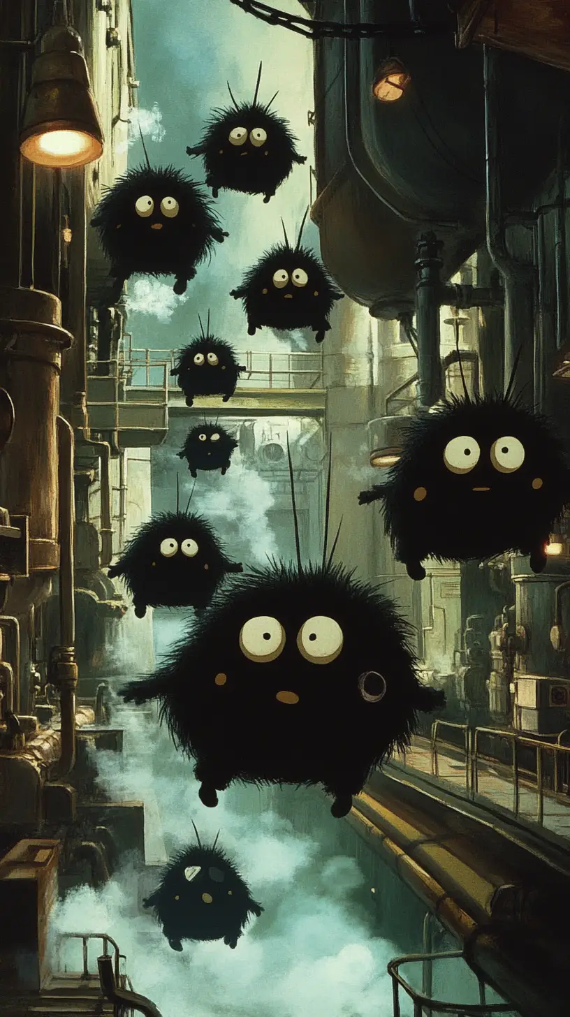 Small black fantasy creatures working in a steamy boiler room