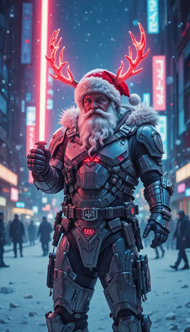 Père Noël futuriste avec sabre laser dans une ville cyberpunk néon