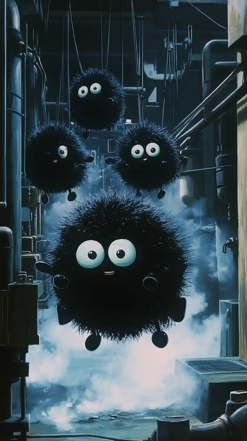 Small soot creatures working in a steaming boiler room