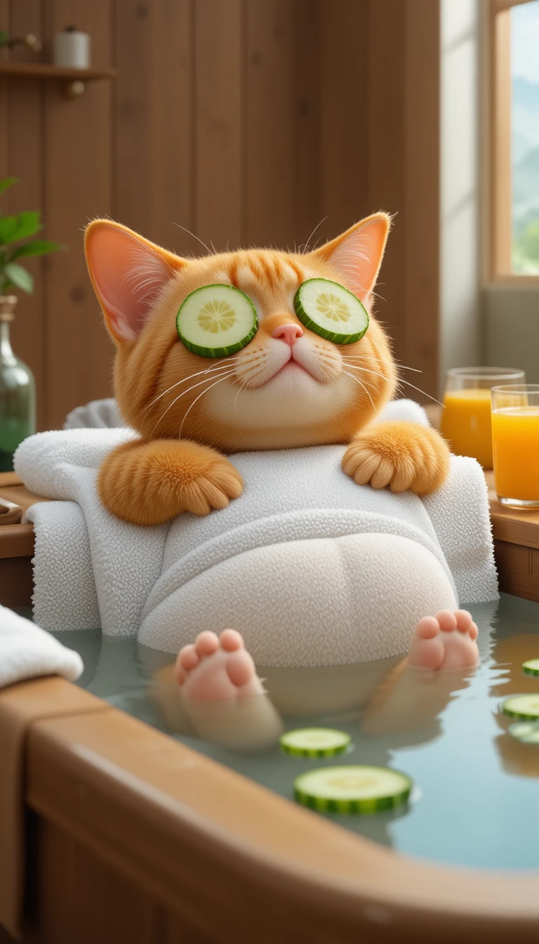 Gato laranja relaxando em uma banheira de madeira em cena de spa