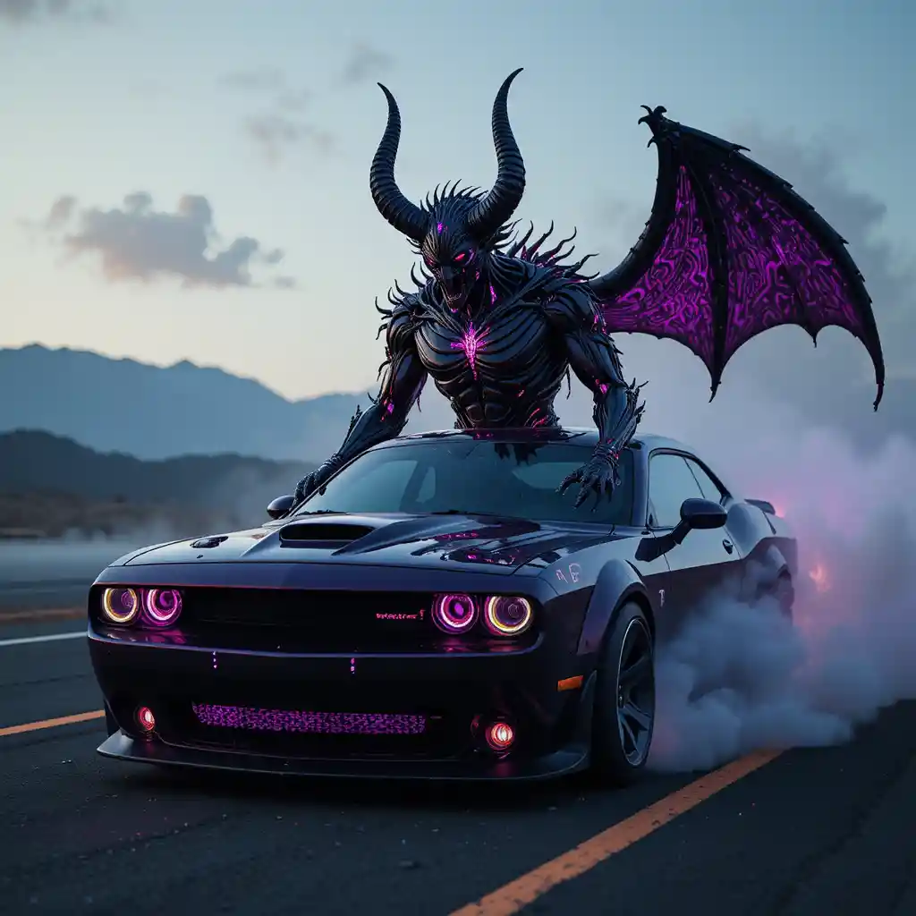 Black and purple muscle car with demon themed body in rain