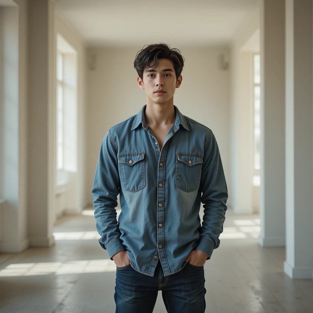 Young man standing confidently in a serene modern room