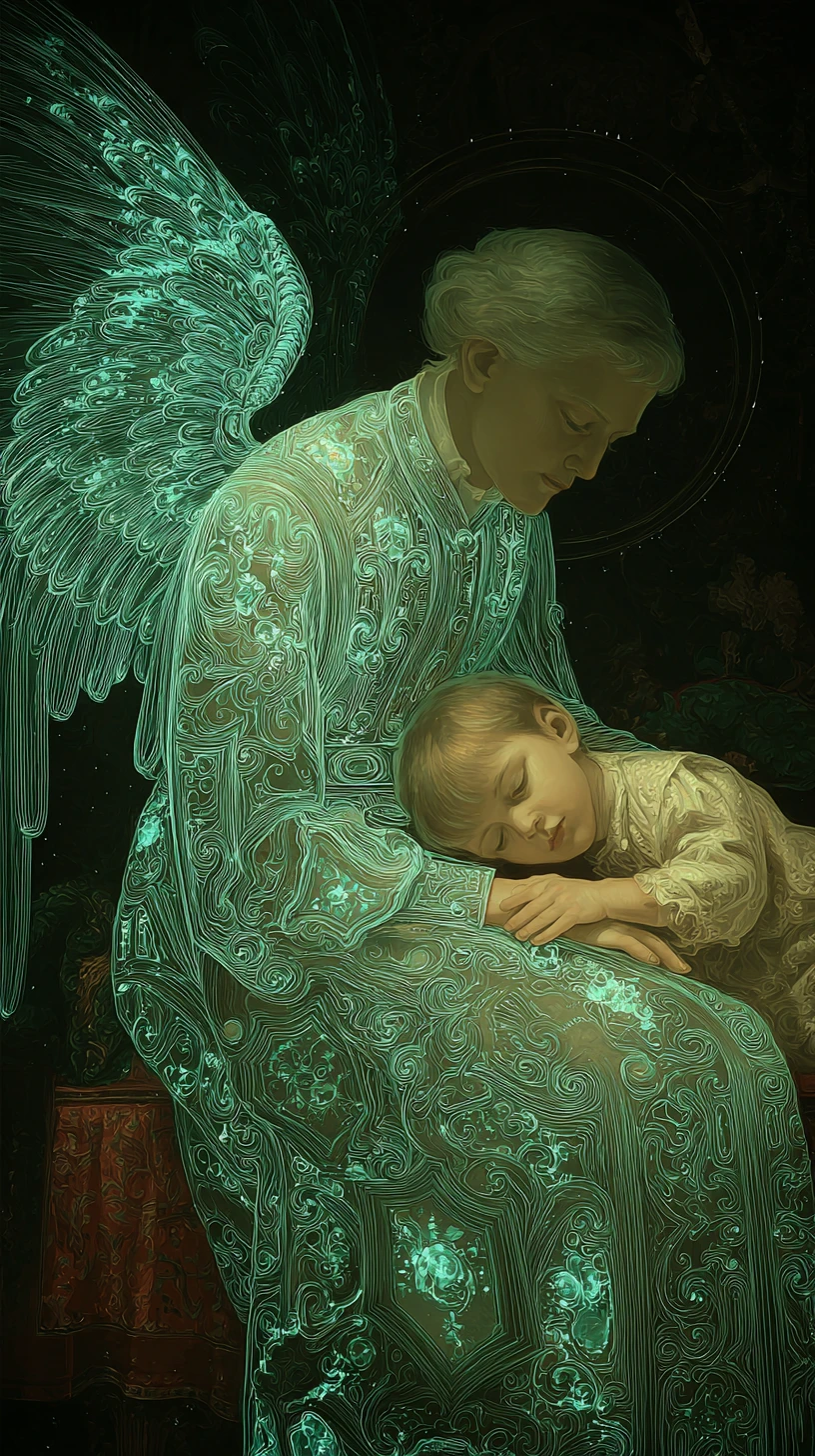 Guardian angel watching over a sleeping child in fantasy glow