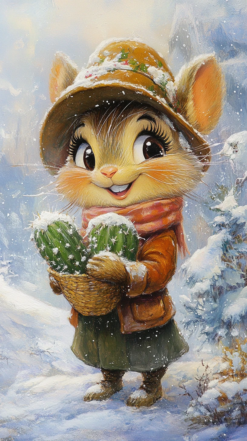 Smiling mouse in winter holding a cactus with hat