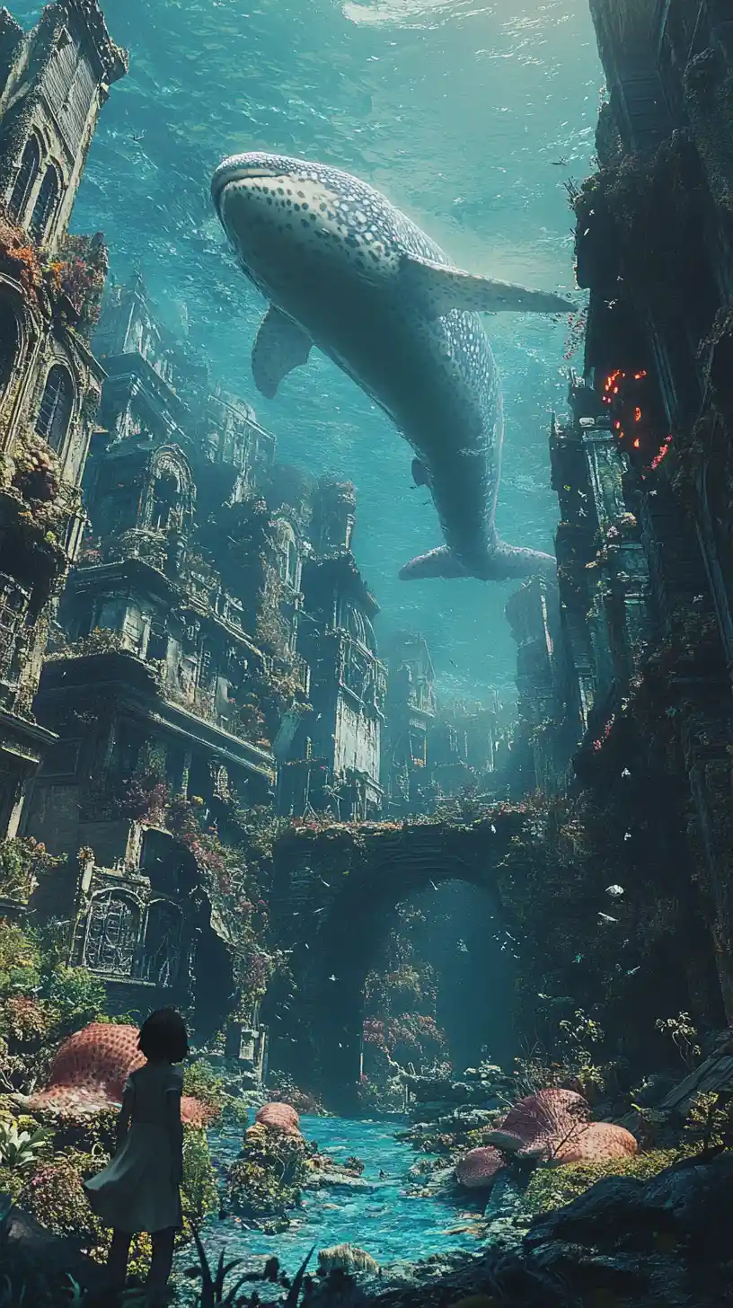 廣闊海底遺跡中的寧靜動漫海怪