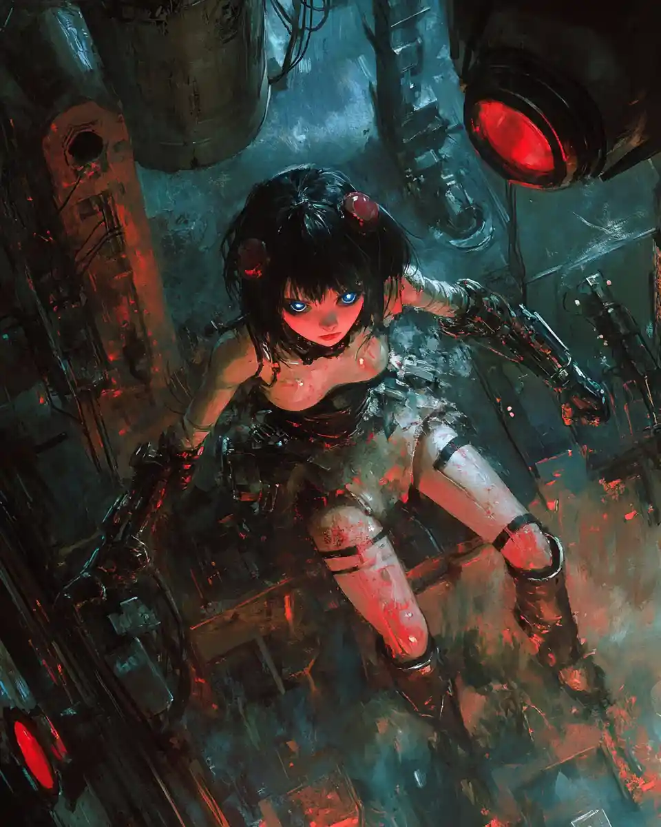Injured anime robot girl lying on a cold laboratory floor