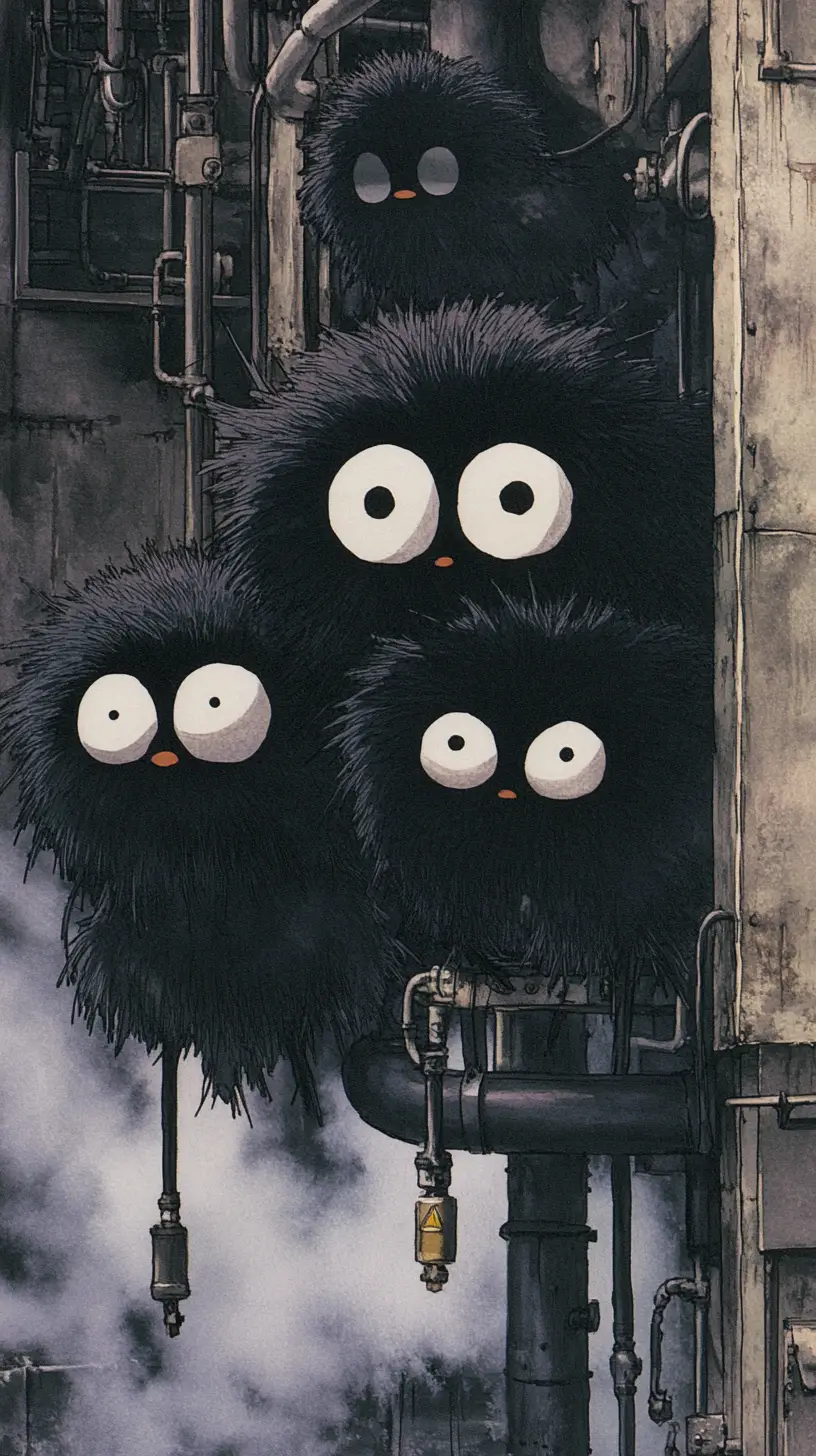 Small black fantasy creatures working in a boiler room