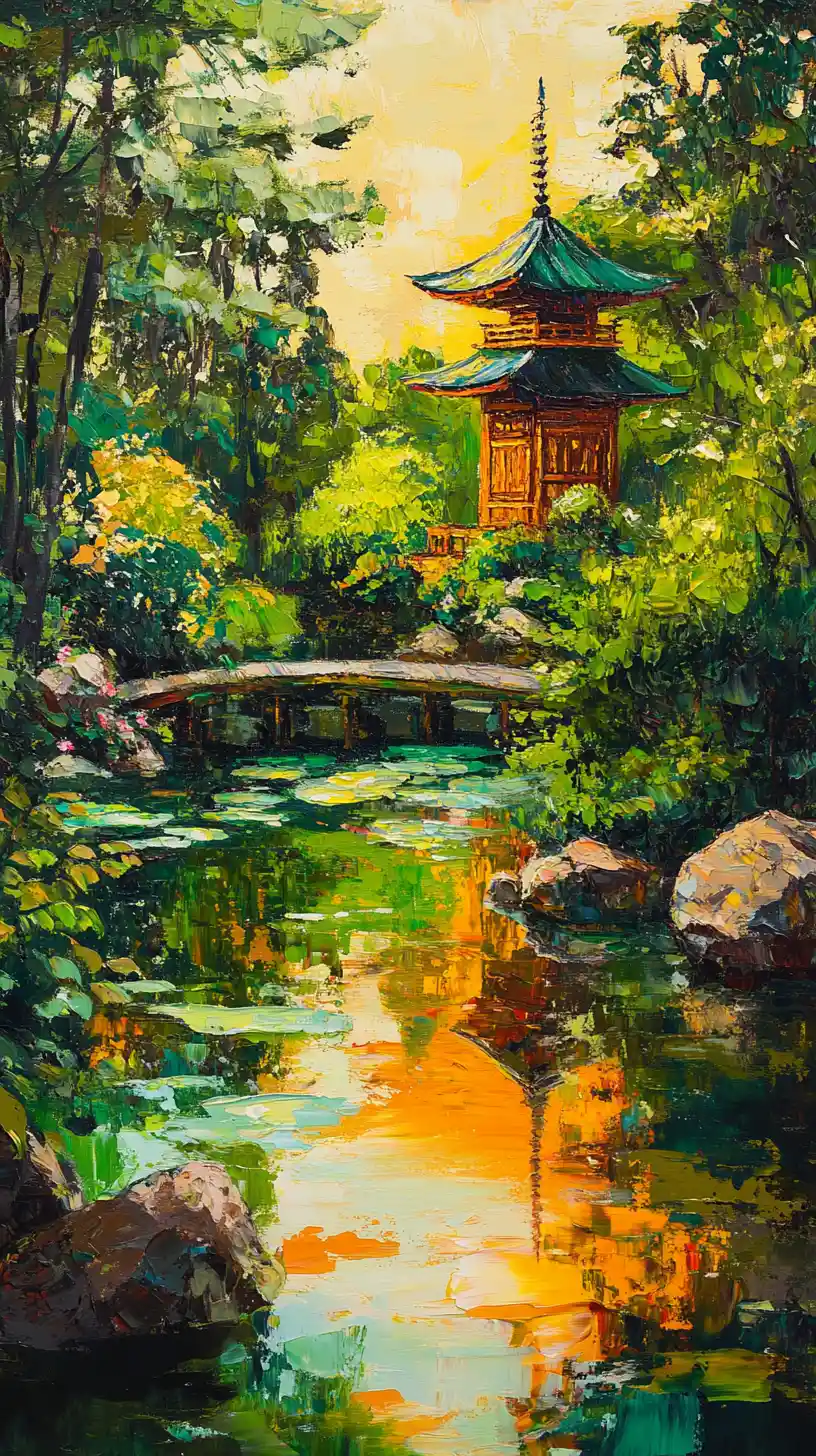Tranquil pond and pagoda in warm late evening light