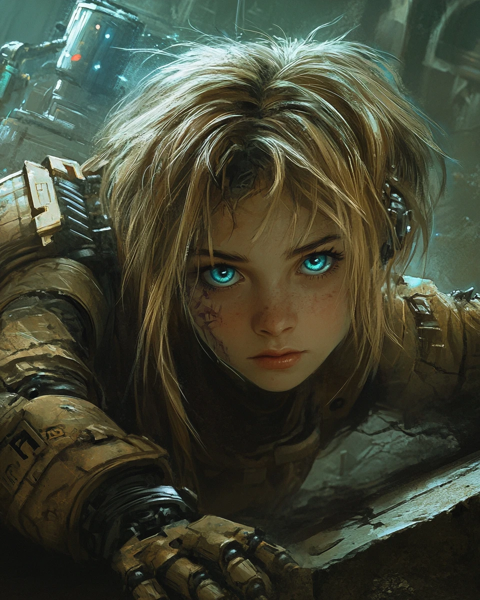 Fille cyborg d’anime blessée sur le sol froid du laboratoire