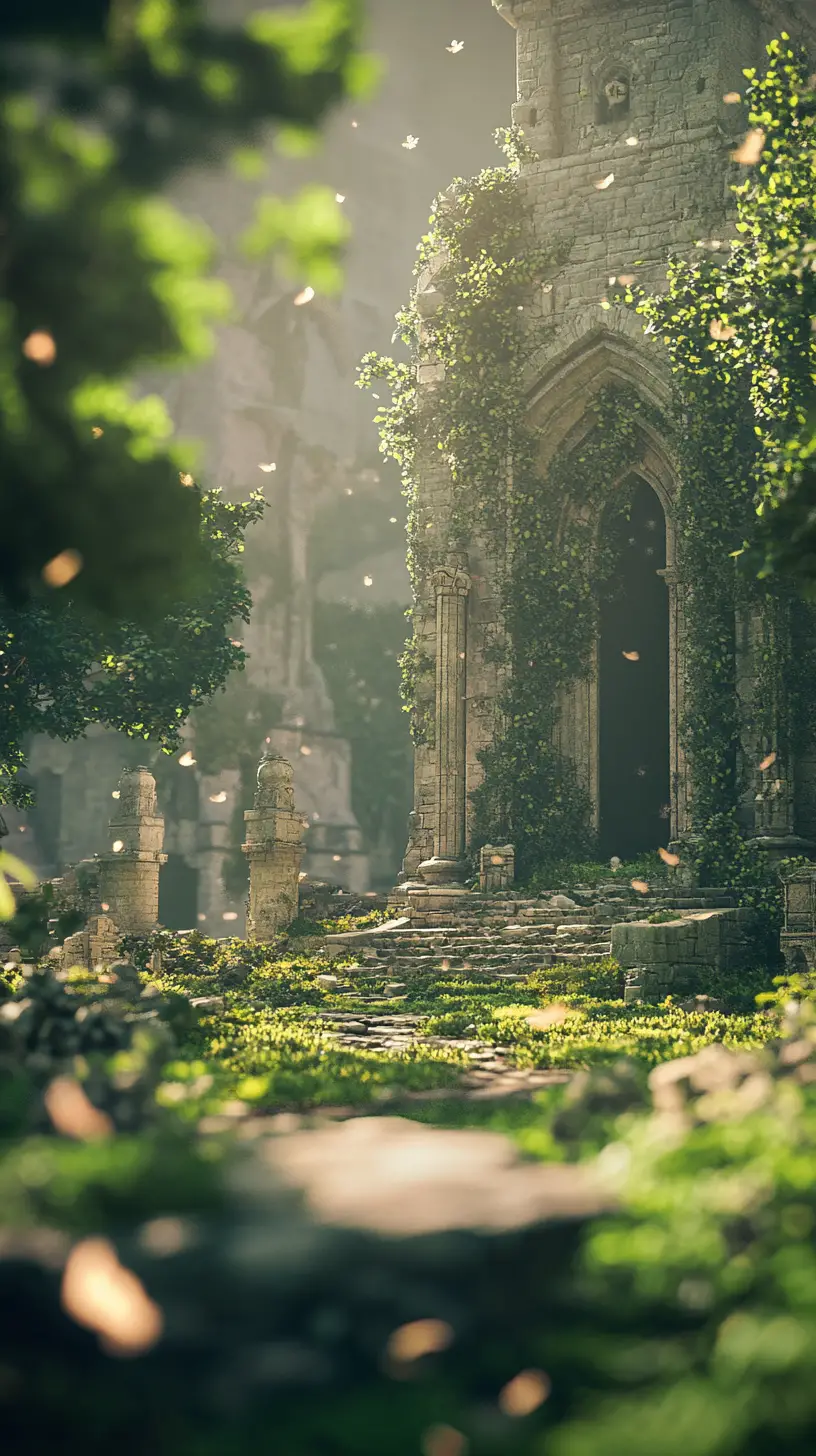Epic anime ruins with dramatic volumetric light