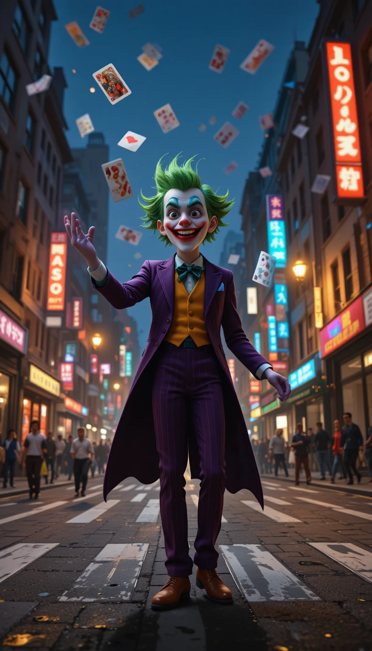 Clown colorato che lancia carte da gioco in una strada di città