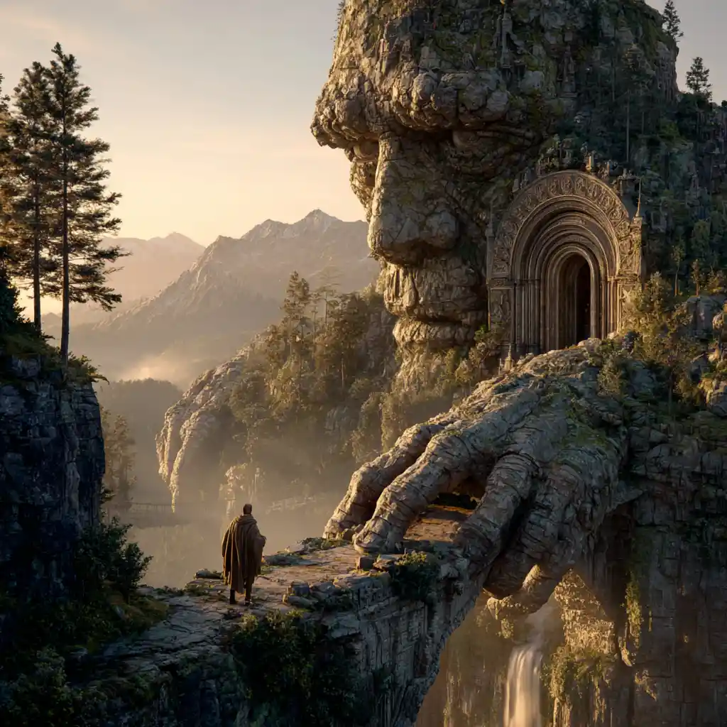 Hooded stone guardian holding a bridge over misty chasm