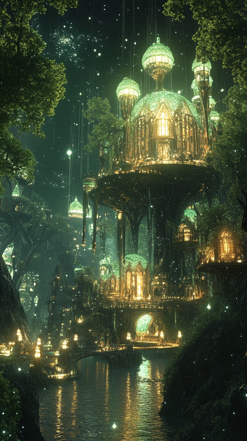 Serene emerald gardens with a siren and floating citadel