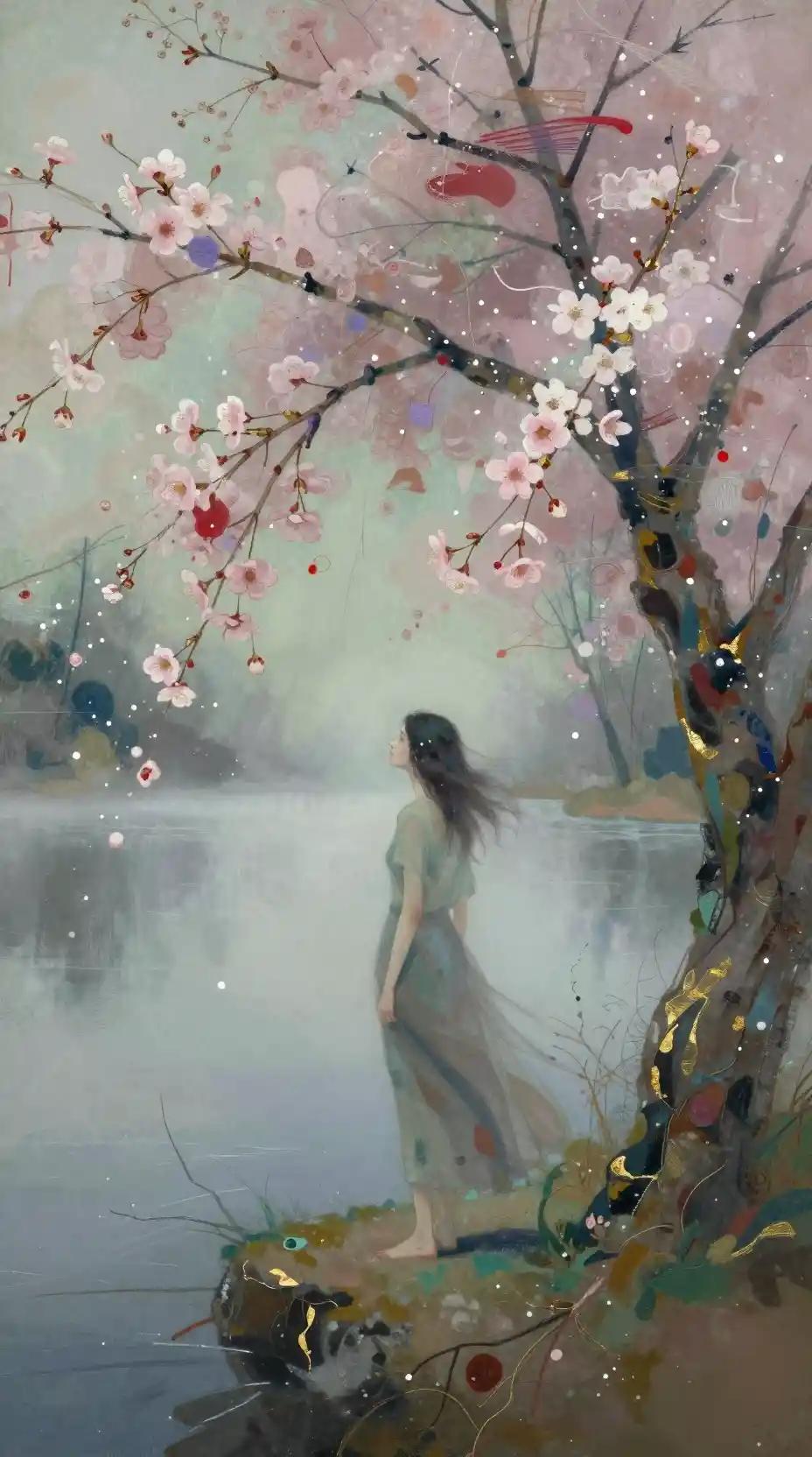 Donna su un lago nebbioso con petali che cadono