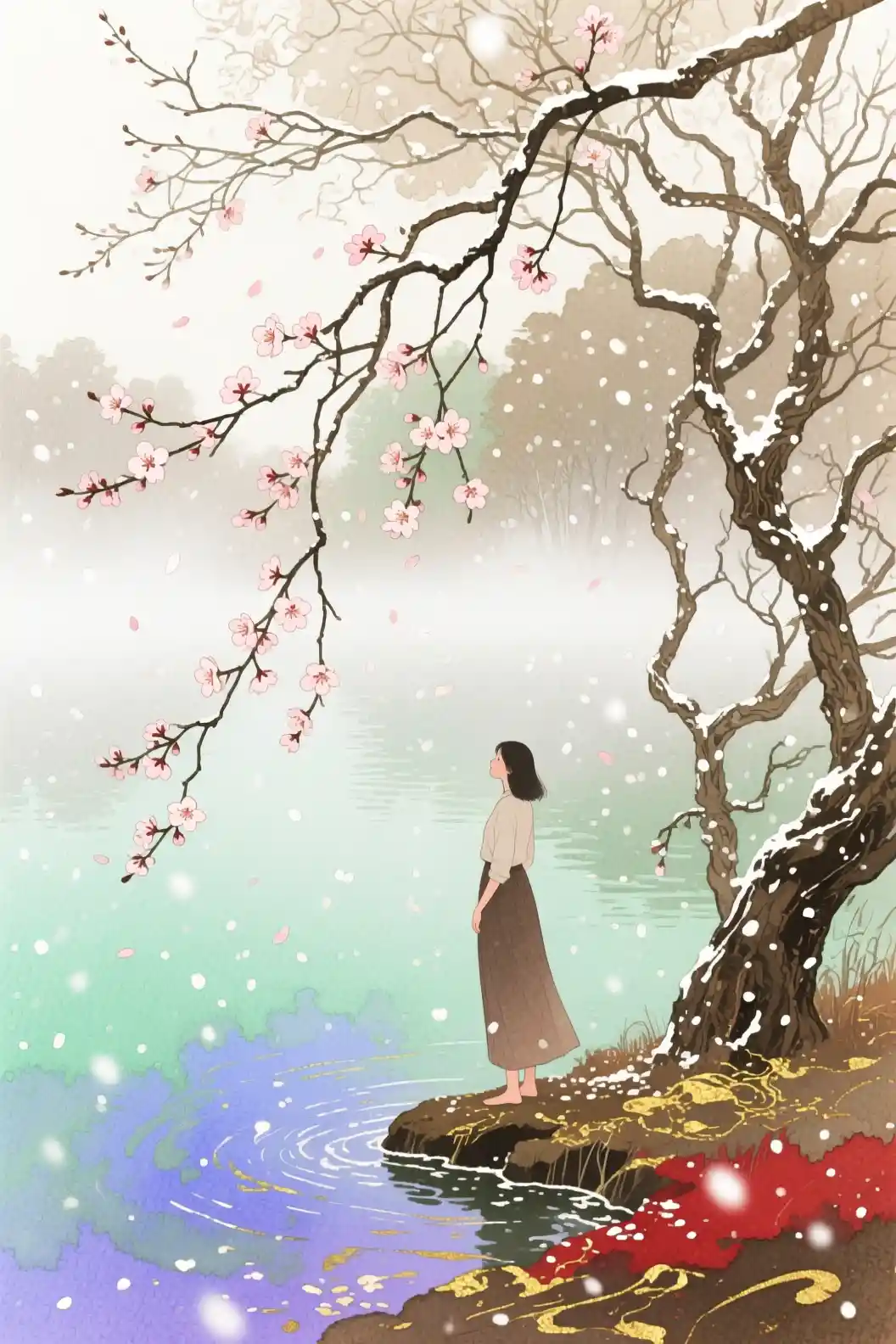 Woman by a misty lake with falling blossoms