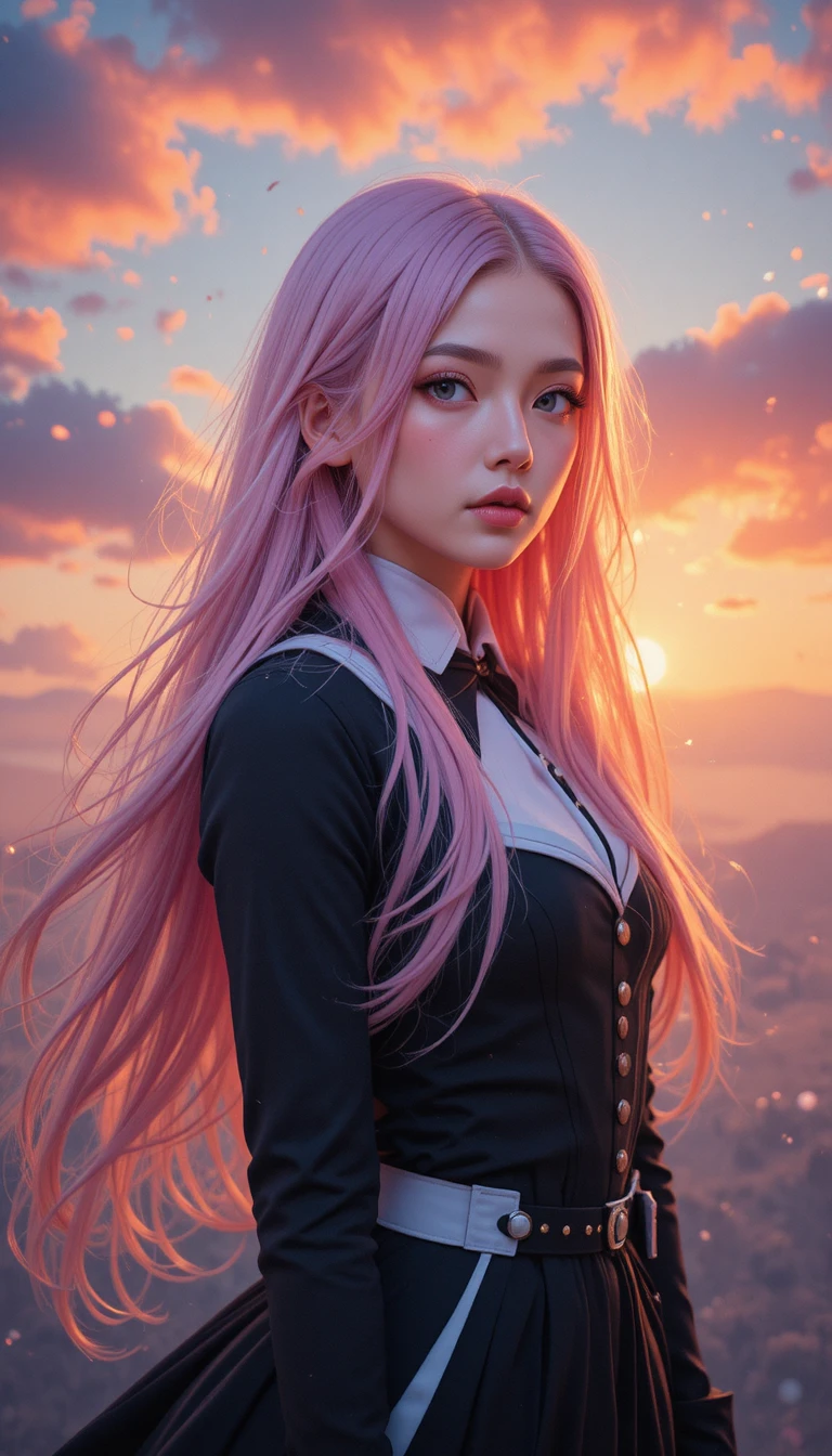 Garota de anime com cabelo rosa sob um céu de pôr do sol brilhante