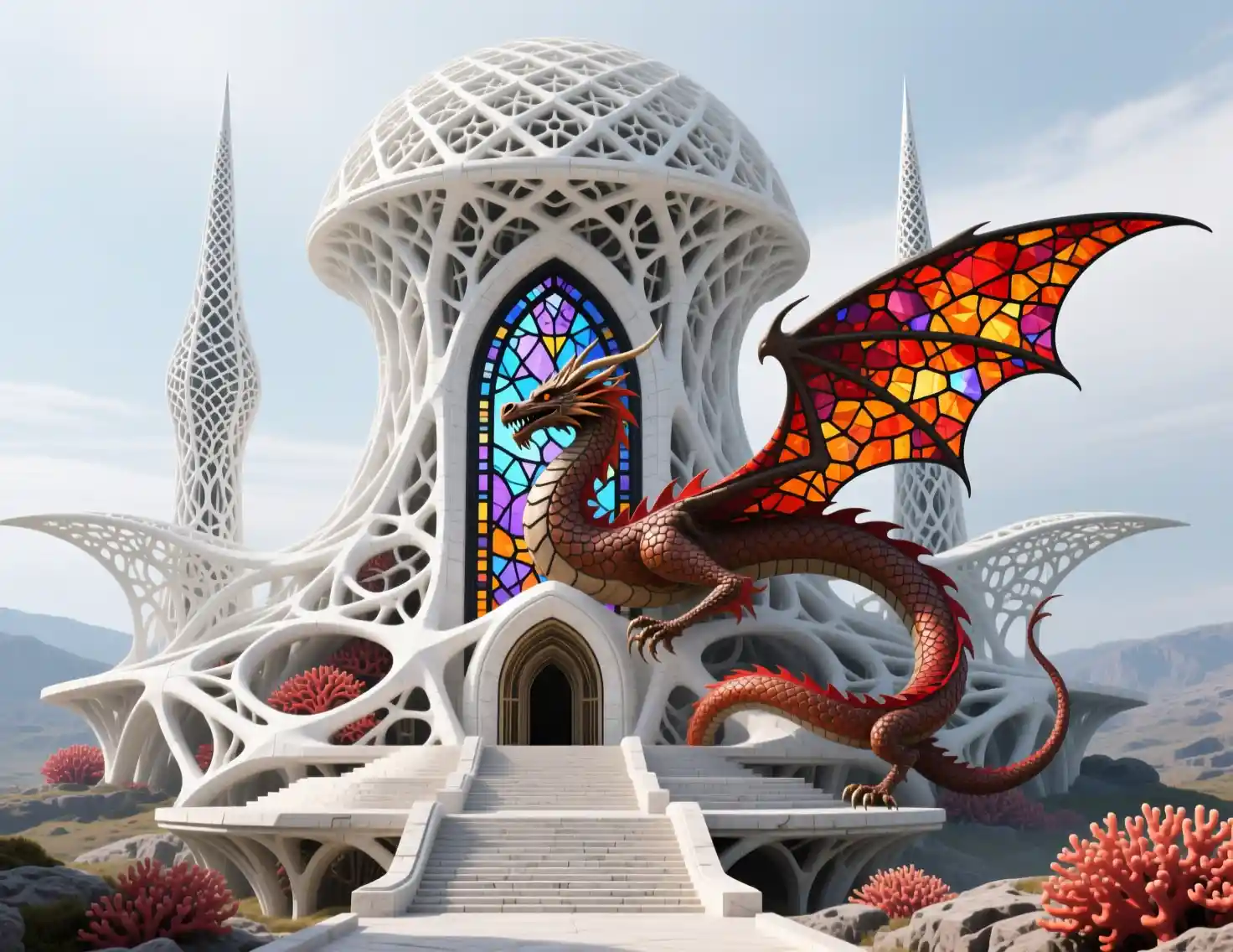 Megaconstrução orgânica futurista com imponente cúpula em treliça