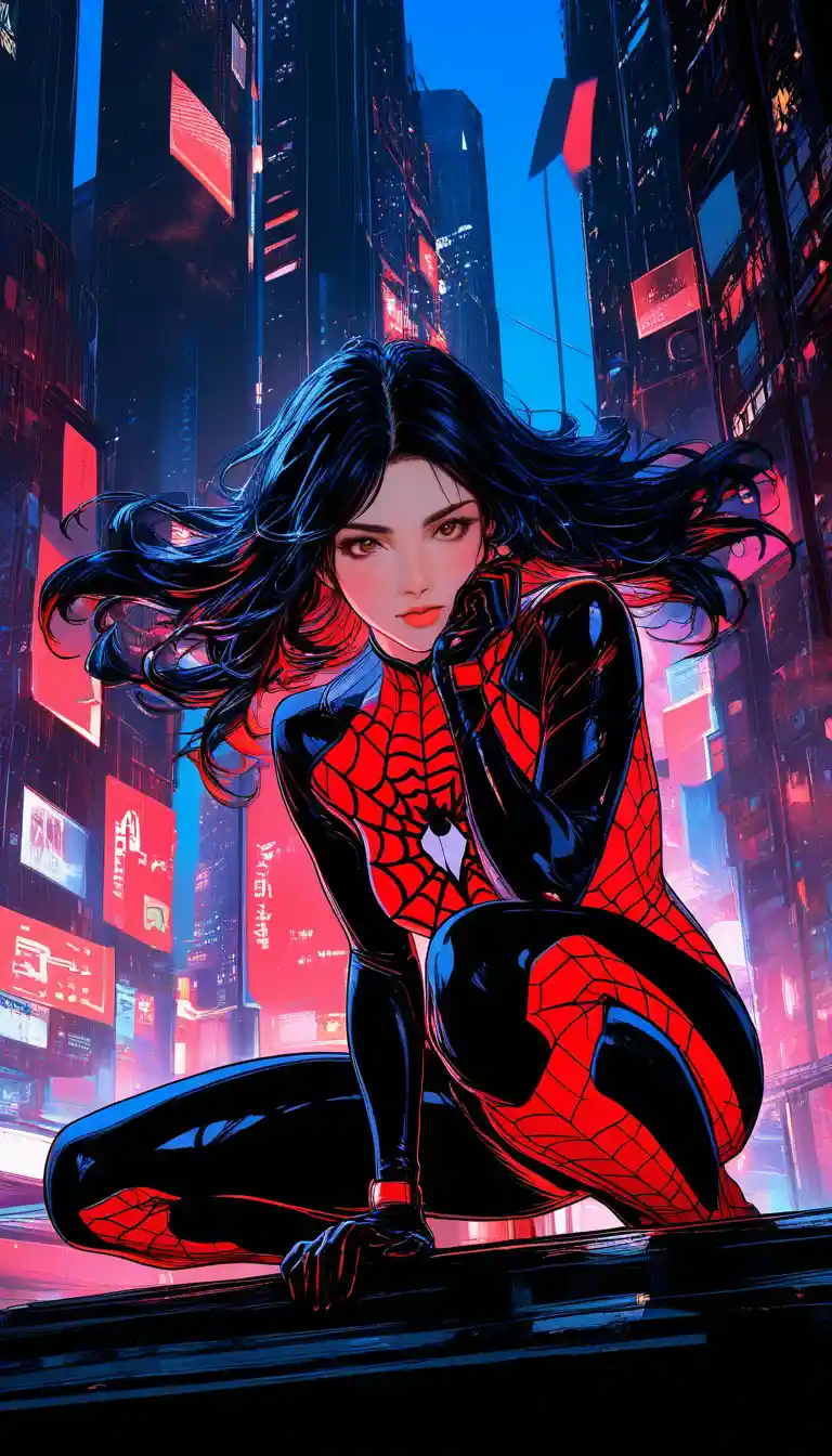 Girl in red spider suit sitting on a city rooftop