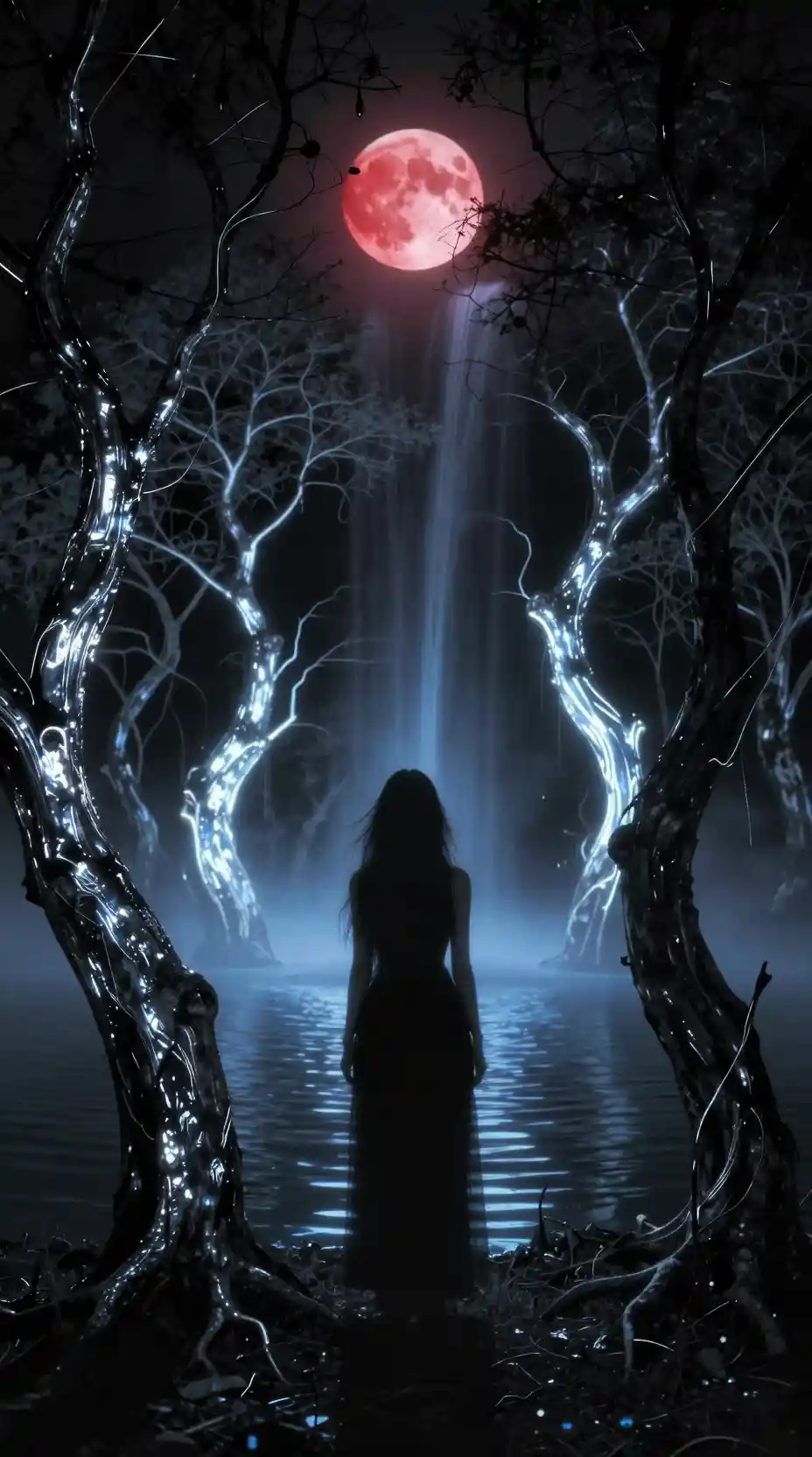 Silhouette mystique près d’un lac lumineux dans une forêt nocturne