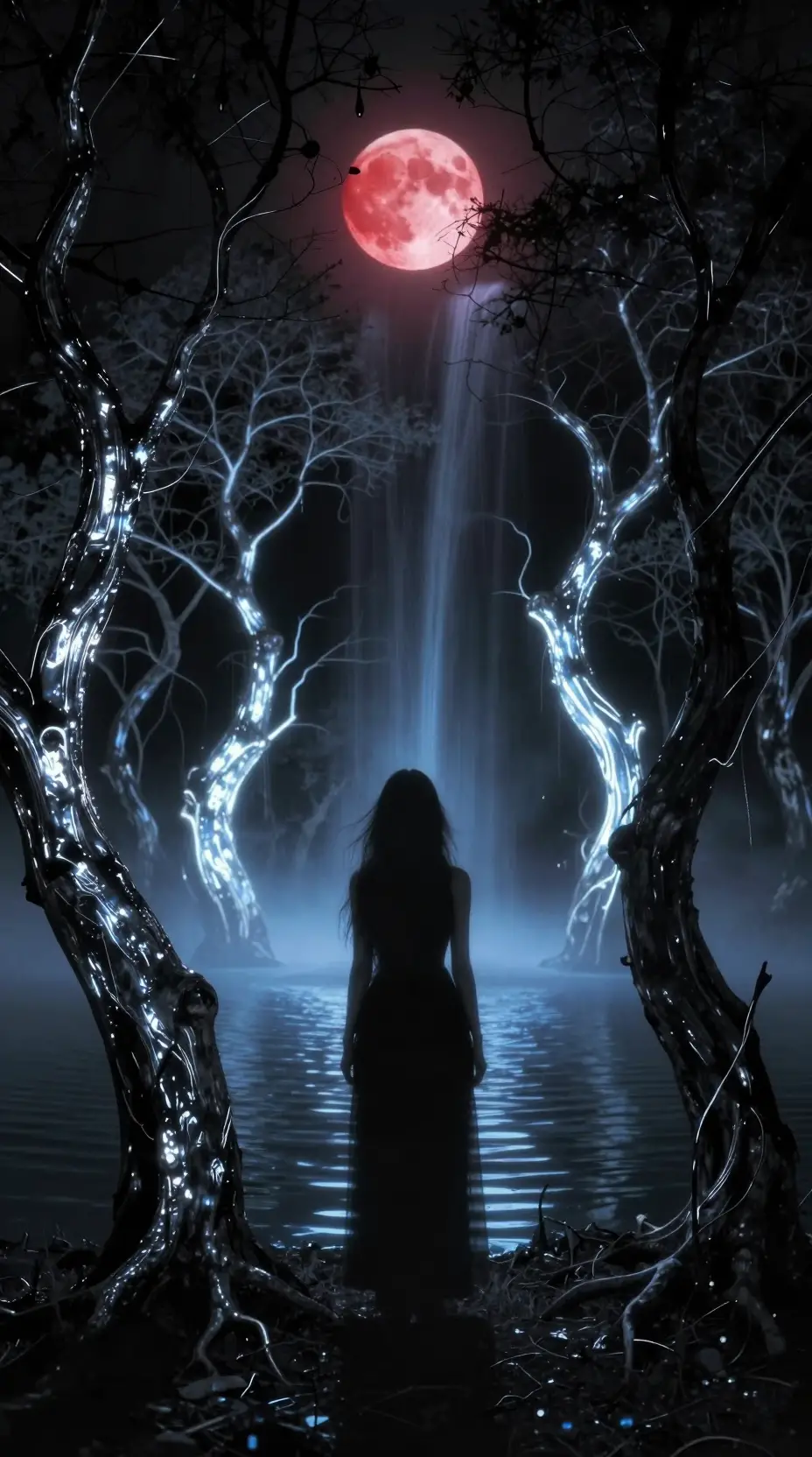 Silhouette mystique près d’un lac lumineux dans une forêt nocturne