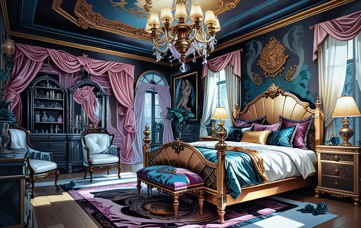 Dark maximalist bedroom with vanity and celestial decor
