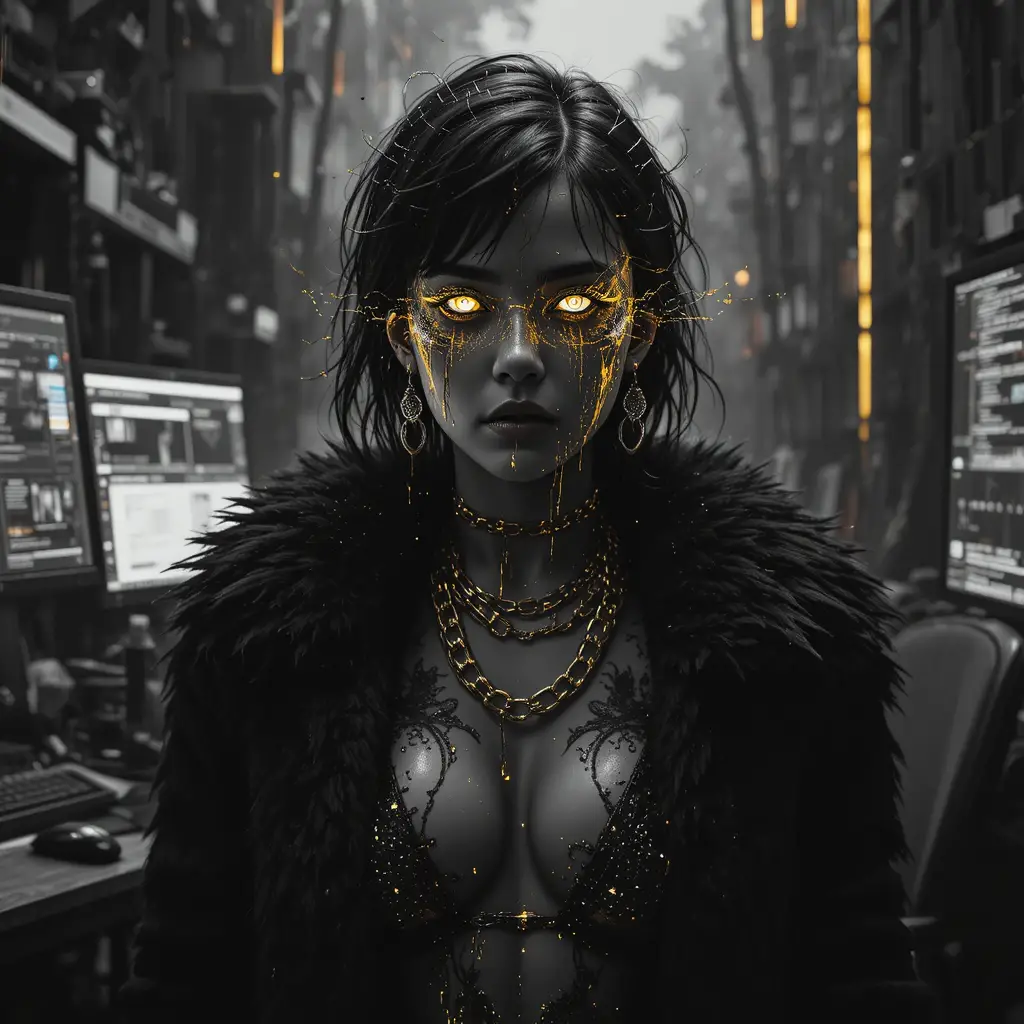 Glitch noir portrait of a woman in molten gold highlights