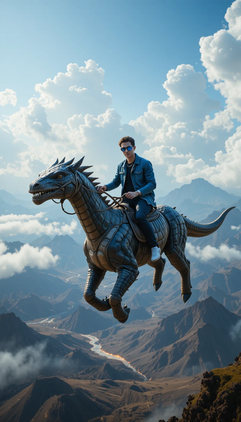 Man riding flying beast above floating fantasy mountains