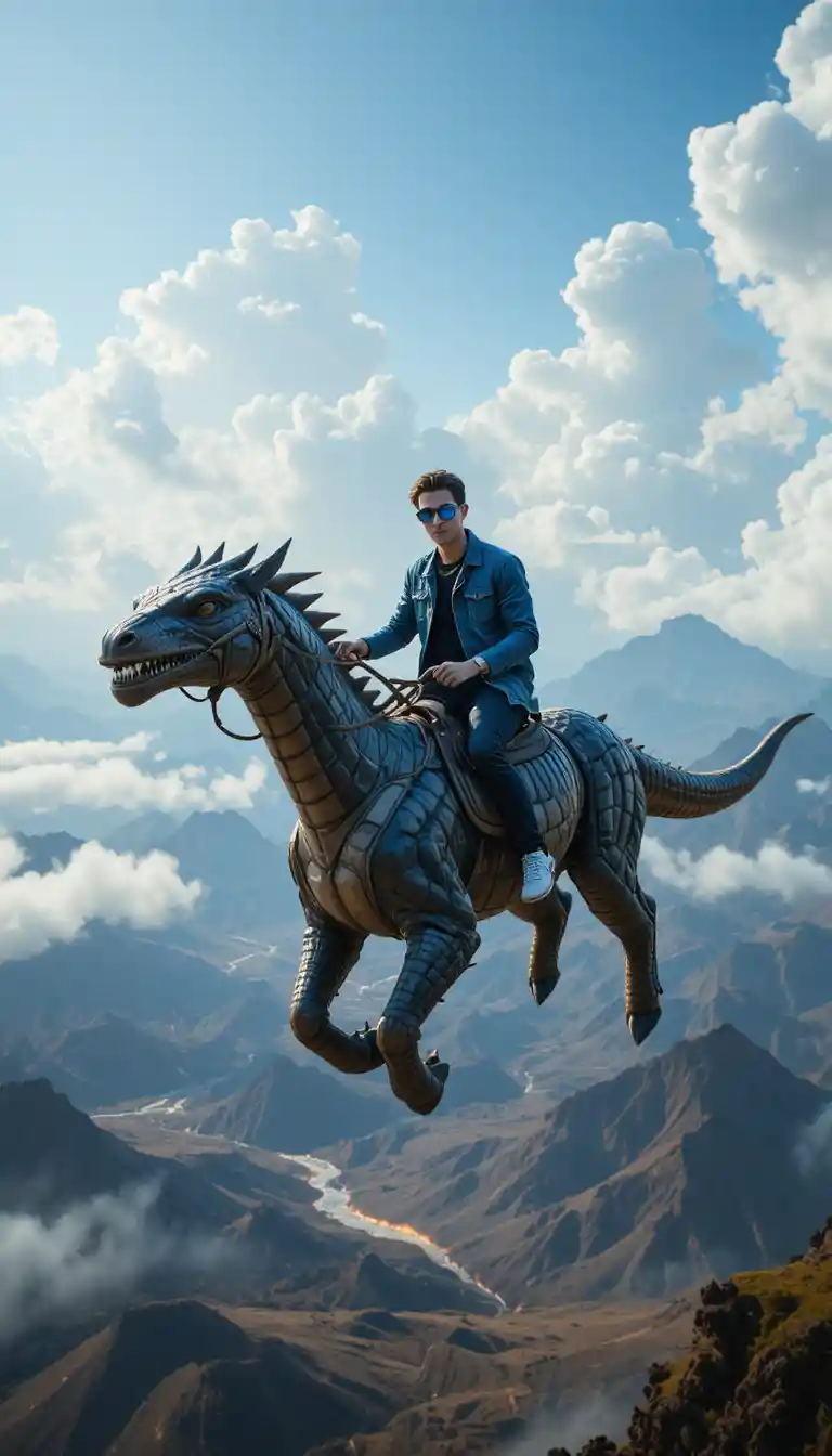 Man riding flying beast above floating fantasy mountains