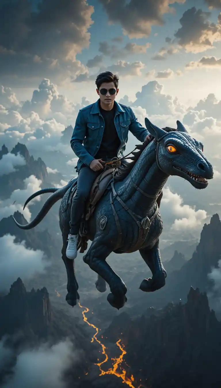 Man riding a flying beast above floating fantasy mountains