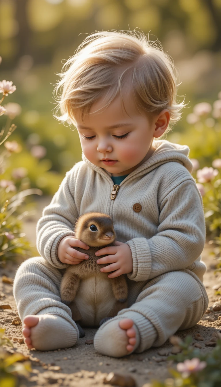 Bebê brincando com um pequeno animal em um prado ensolarado