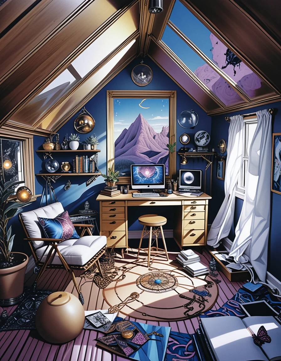 Vue aérienne d’un loft d’artiste éclectique avec toile