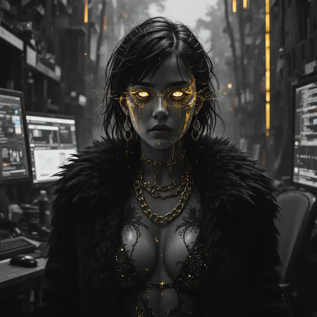 Glitch noir portrait of a woman in molten gold highlights