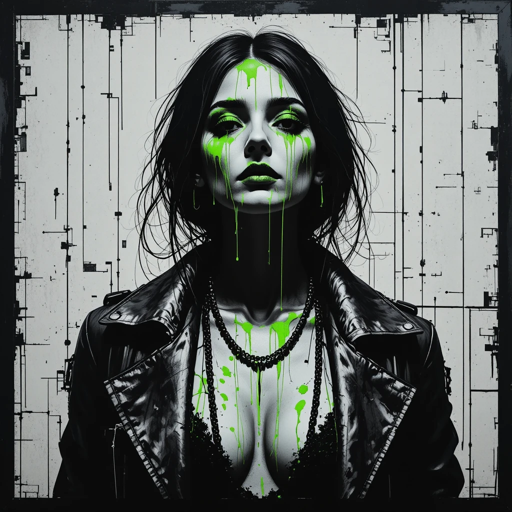 Mulher cyber noir com correntes e rosto glitch de neon