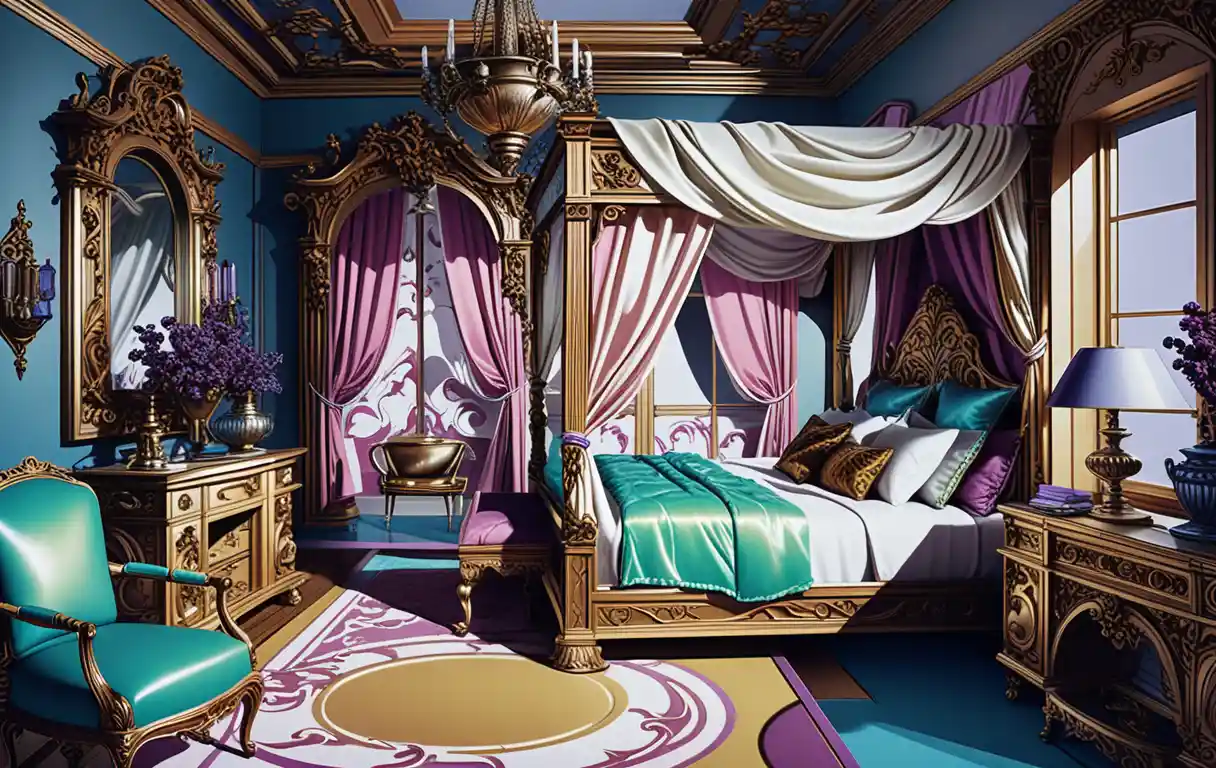 Camera da letto di lusso scura con vanity in stile diorama 3D