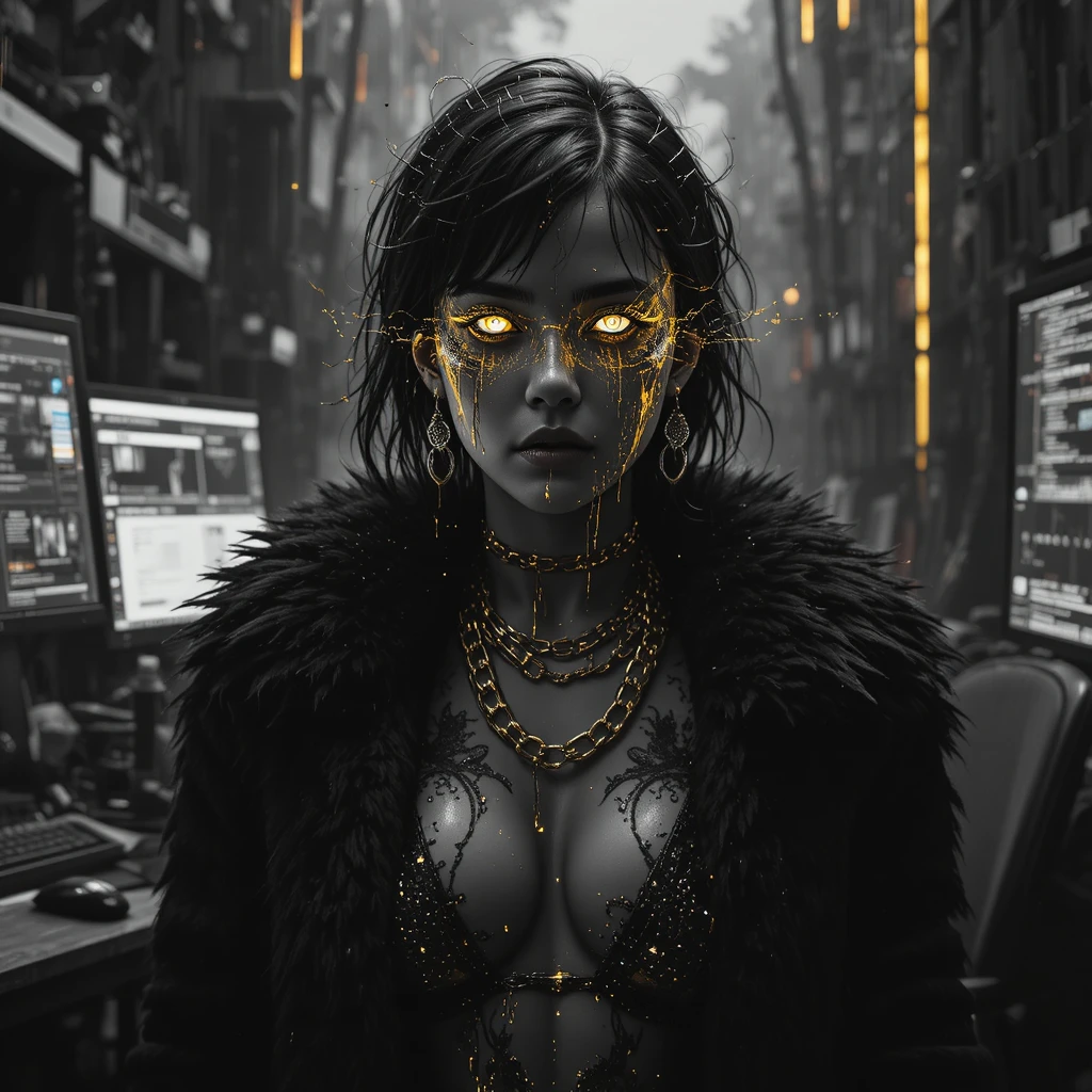 Portrait glitch noir d’une femme aux reflets d’or en fusion