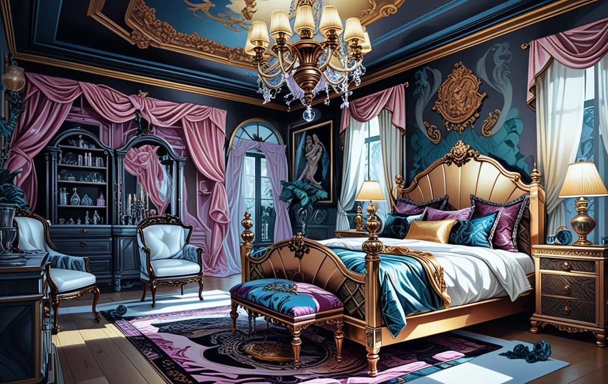 Dark maximalist bedroom with vanity and celestial decor