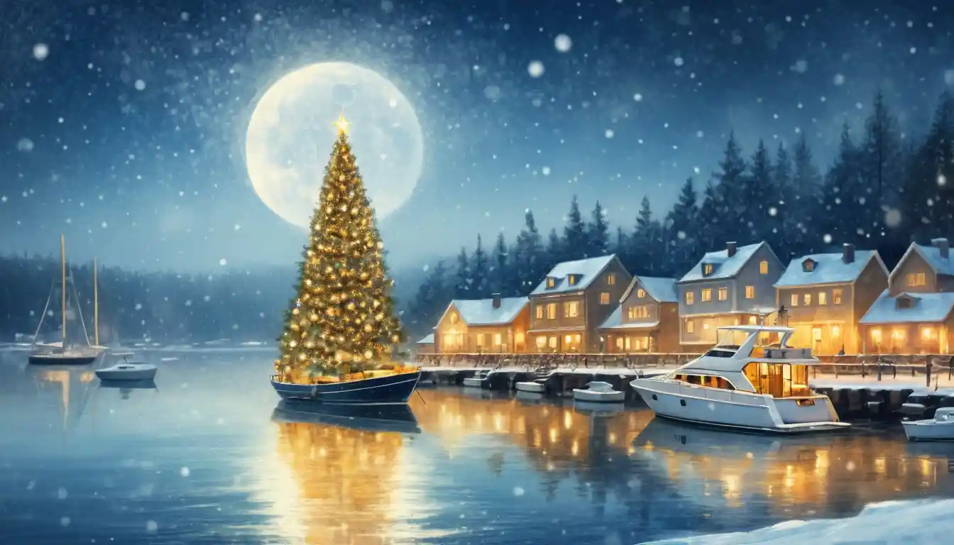 Serene winter harbor with yacht and glowing christmas tree