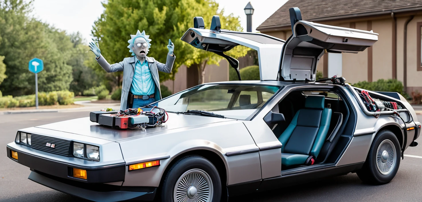 Carro de viagem no tempo diante de um portal interdimensional brilhante