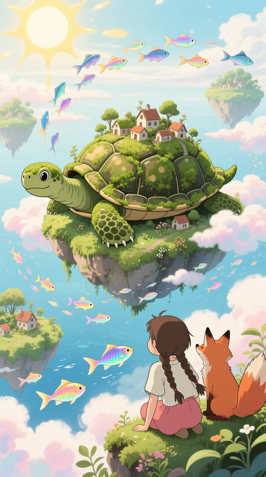 Girl And Fox On A Floating Island In Soft Sunlight